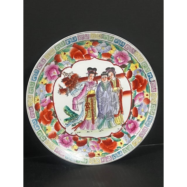 Chinese Art Porcelain Famille Rose Plate With Floral and Court Lady Design For Sale - Image 4 of 8