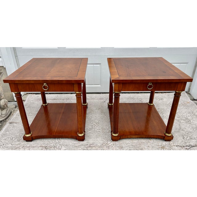 Vtg. Baker Pair of Regency Style Cherry Side Tables W/Inlay & Brass Trim For Sale - Image 12 of 16