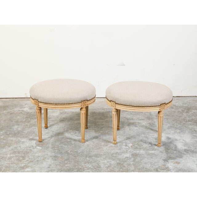 Pair of French Neoclassical Style Bleached Wood Stools with New Upholstery For Sale In Atlanta - Image 6 of 10