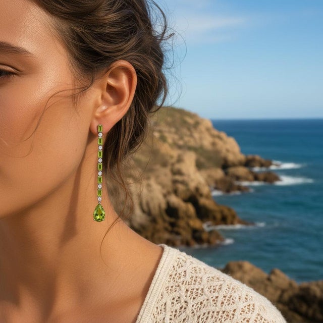 Peridot Long Drop Earrings, Silver, Gold, Pair For Sale - Image 10 of 10