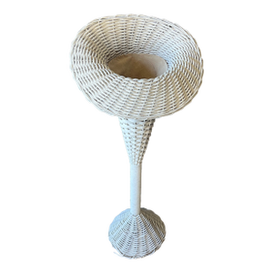 Tall Vintage Mid Century Bohemian White Wicker Trumpet Plant Stand or Planter