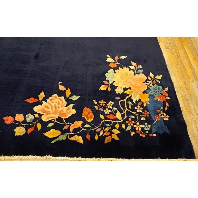 1930s Black Floral Spray Antique Chinese Art Deco Carpet 8'10" X 11'6" Handknotted Wool Rug For Sale In New York - Image 6 of 13