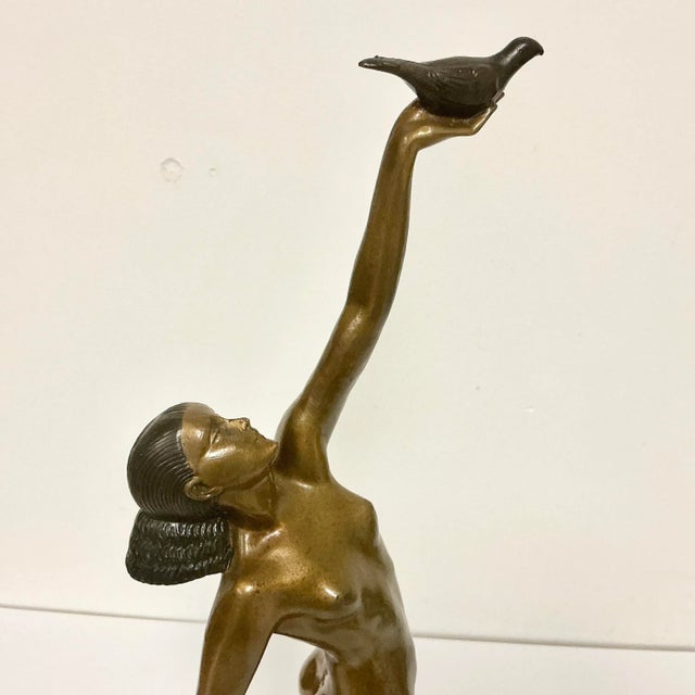 1930s Vintage French Art Deco Pierre Le Faguays Bronze Nude Sculpture, Girl With Dove For Sale - Image 5 of 18