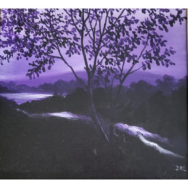 Vintage American 20th C Framed Oil Painting Nocturnal Landscape River & Forest For Sale - Image 4 of 16