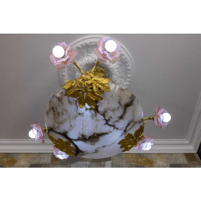 1920s French Art Nouveau Chandelier with Alabaster Bowl & Pink Glass Shades, 1920 For Sale - Image 5 of 18