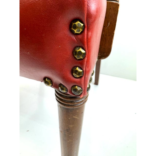 Mid 20th Century Red Leather Armchair With Curved Wood Arms and Brass Nailhead Trim For Sale - Image 11 of 12