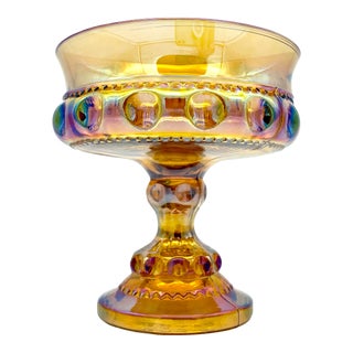 1970s Indiana Cadmium Uv Reactive Glass Kings Crown Marigold Carnival Glass Pedestal Dish Bowl For Sale