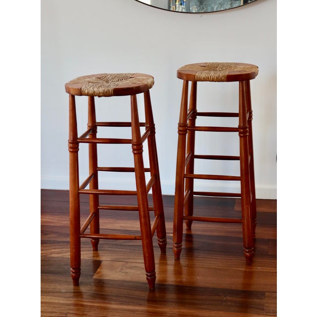 Antique Wooden Bar Stool with Straw Seat, 1980s For Sale - Image 12 of 12