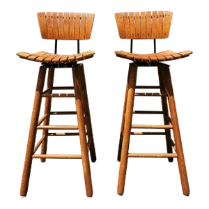 Mid-Century Modern Slatted Wood Stools Attributed to Arthur Umanoff - A Pair