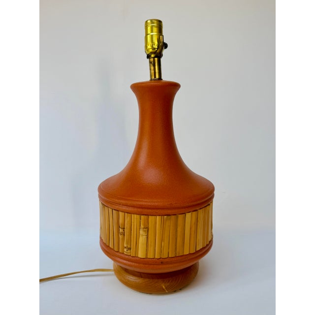 Burnt Orange Vintage 1970s Ceramic Bamboo Table Lamp With Woven Shade For Sale - Image 8 of 16