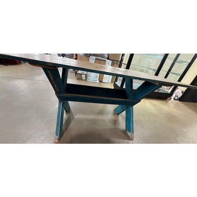 19thc Scrub Top Blue Painted Trestle Table For Sale - Image 4 of 9