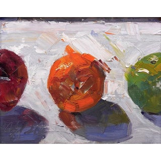 Taking the Spotlight by Clyde Steadman | Oil Painting of three colorful fruits on a surface For Sale