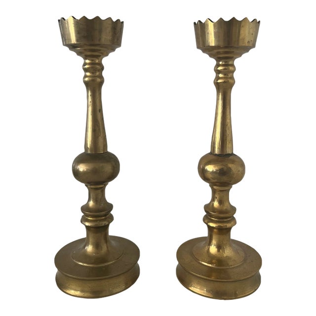 Vintage Brass Crown Top Candlesticks- a Pair For Sale