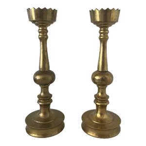 Vintage Brass Crown Top Candlesticks- a Pair