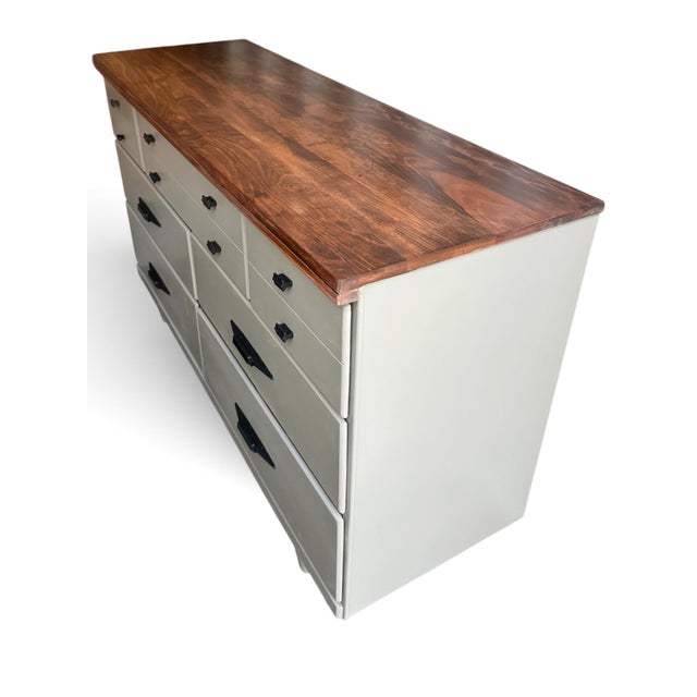 Wood Mid-Century Modern Walnut & Sage Green Lowboy Dresser Professionally Refinished For Sale - Image 7 of 8