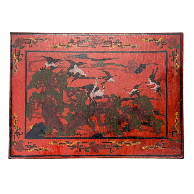 Vintage Distressed Red White Cranes Pine Graphic Rectangular Stand Table For Sale - Image 9 of 12