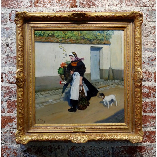 Jacques Wely -Woman & Her Jack Russel Dog Coming From the Market-Oil Painting For Sale - Image 13 of 13