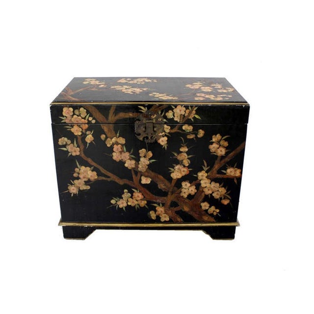 Black Oriental Hand Painted Black Lacquer Bar Trunk Chest Electric Lift Shelf Inside For Sale - Image 8 of 9