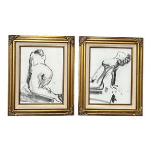 1950’s Two Original Abstract Female Nude Charcoal Drawings - Set of Two