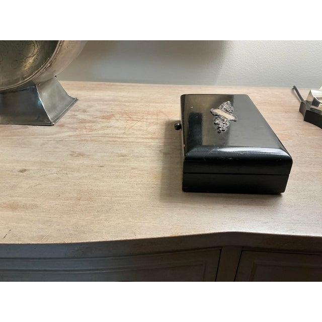 Vintage Black Lacquered Playing Card Box With Silver Cartouche Centerpiece For Sale - Image 4 of 9