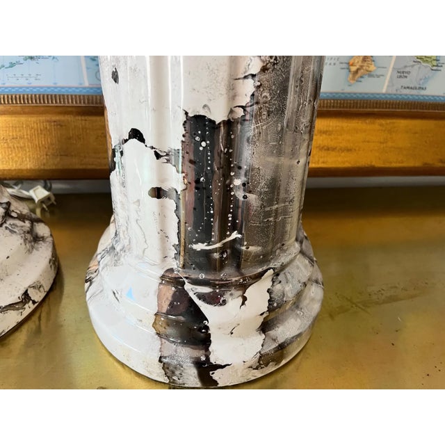 White 1970s Marbled Column Lamps & Shades - A Pair For Sale - Image 8 of 15