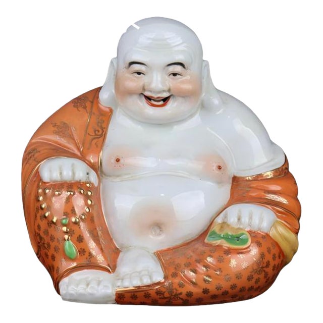Chinese Vintage Ceramic Buddhist Sculpture,Hand Carved Famille Rose Porcelain Statue of Maitreya Buddha For Sale