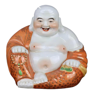 Chinese Vintage Ceramic Buddhist Sculpture,Hand Carved Famille Rose Porcelain Statue of Maitreya Buddha