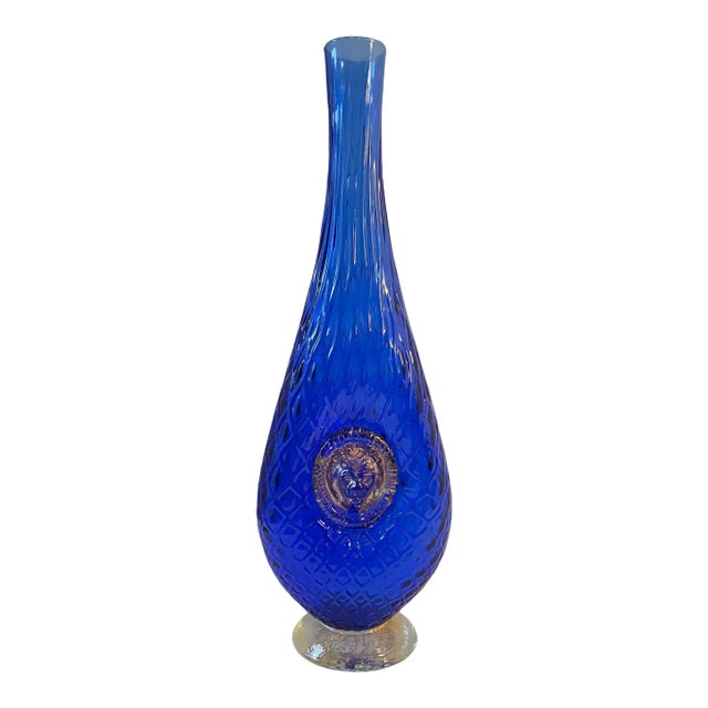 Vintage Italian Textured Cobalt Blue Gold Lion Dual Medallion Art Glass Vase For Sale