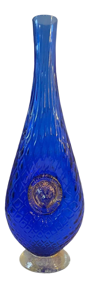 Vintage Italian Textured Cobalt Blue Gold Lion Dual Medallion Art Glass Vase