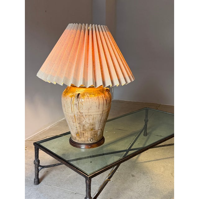 19th Century Monumental Terra-Cotta Olive Jar Table Lamp With Pleated Shade For Sale - Image 4 of 12