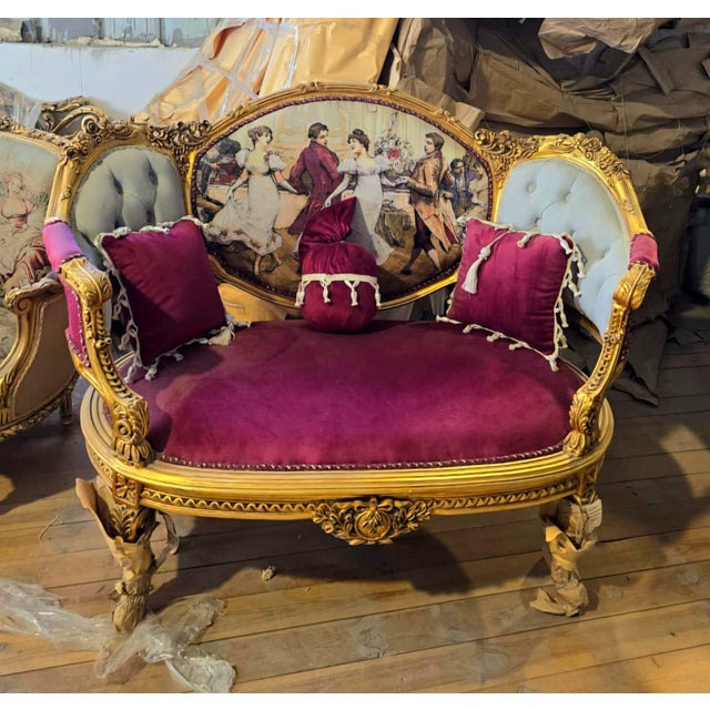French French Velvet Loveseat With Romantic Ballroom Tapestry & Hand-Gilded Gold Leaf Frame For Sale - Image 3 of 4