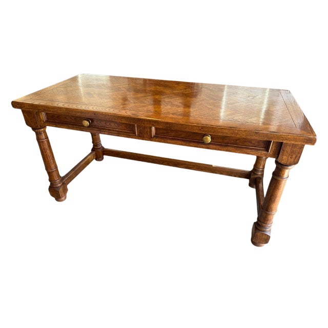 Traditional Solid Oak Parquetry Top Desk/ Table – 2 Drawers – Vintage / Traditional Style For Sale - Image 3 of 5