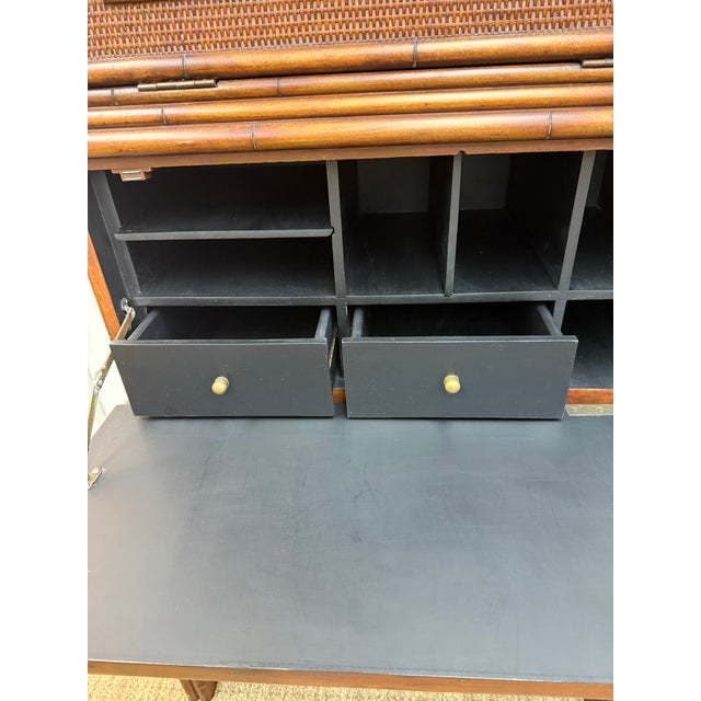British Colonial Style Woven Rattan and Faux Bamboo Cabinet That Converts to a Secretary, C 1970's For Sale - Image 10 of 11