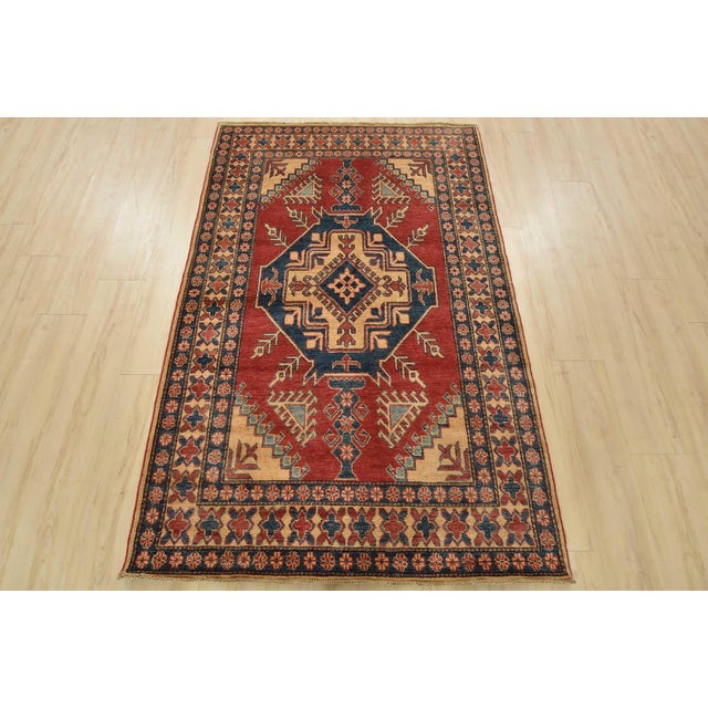 Farmhouse Kazak Rug 4’1” X 6’4” Red Wool Tribal Hand-Knotted Oriental Carpet For Sale - Image 3 of 12