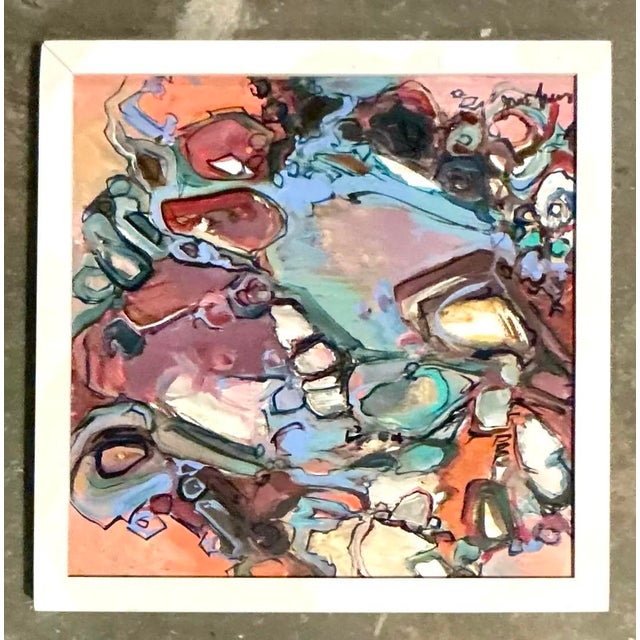 This striking original abstract oil painting is a vibrant celebration of late-century expressionism, offering an...