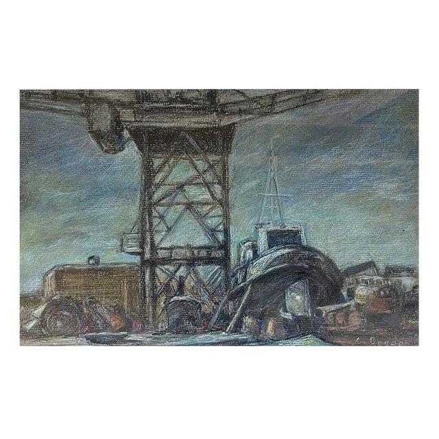 Catul Bogdan, Shipbuildings (Shipyard Scene), Pastel on Paper, 1970s, Framed For Sale