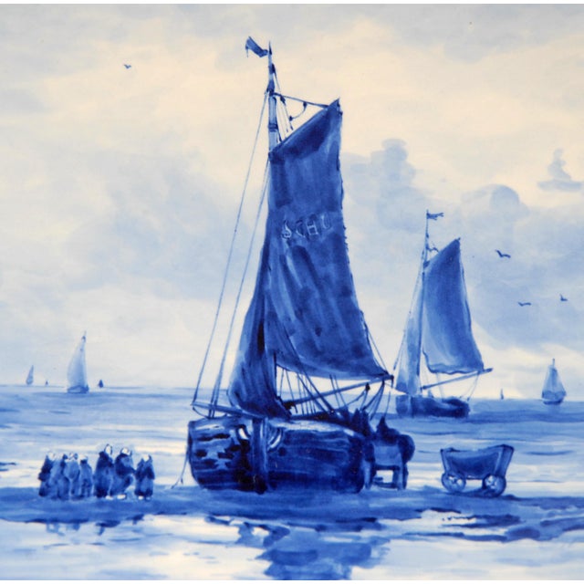Large Blue and White Wall Plate with Handpainted Seascape after Mesdag from Royal Delft, 1960s For Sale - Image 4 of 12