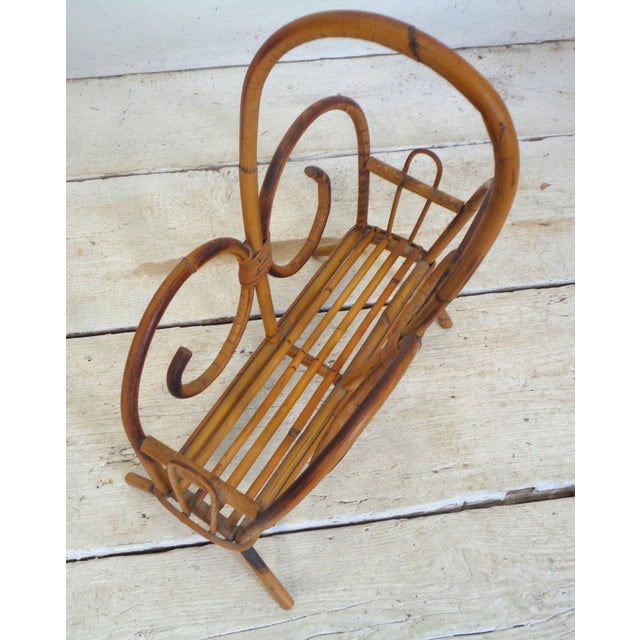 Tan Bamboo and Wicker Magazine Rack with Scrolls, 1960s For Sale - Image 8 of 10