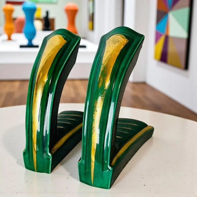 French Art Deco Green Ceramic Wall Sconces with Hand-Painted Half Shades, 1940s, Set of 2 For Sale - Image 13 of 16