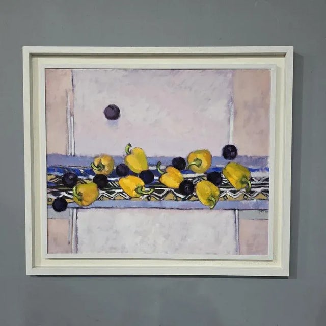 Plums and Peppers' still life study of plums and yellow peppers, oil on canvas, signed lowers right 93cm x 107 frame size