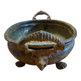 Mid Century Brass Oval Jardiniere Lion Head Ram Horn Handles Paw Feet Hammered Bowl For Sale