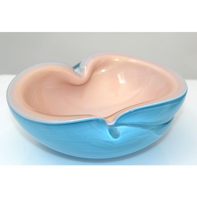 Turquoise Italian Murano Clear Turquoise Blue & Light Peach Blown Art Glass Bowl 1960 For Sale - Image 8 of 13