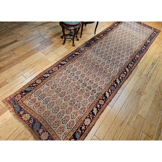 19th Century Persian Bidjar Wide Runner, Hand-Knotted Wool, Allover Paisley Pattern, Ivory & Navy, 4x14 For Sale - Image 9 of 18
