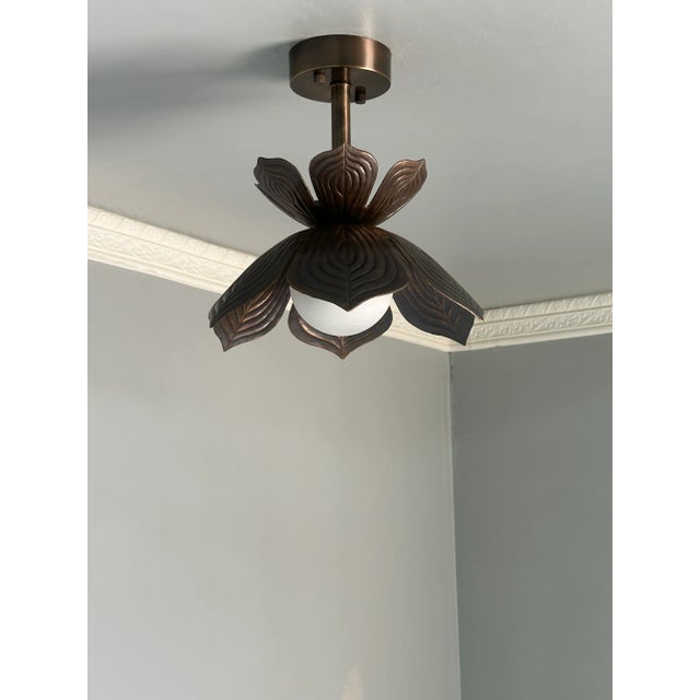 Art Deco Floral Brass Ceiling Light - Flush Mount Fixture With Frosted Globe For Sale - Image 3 of 10