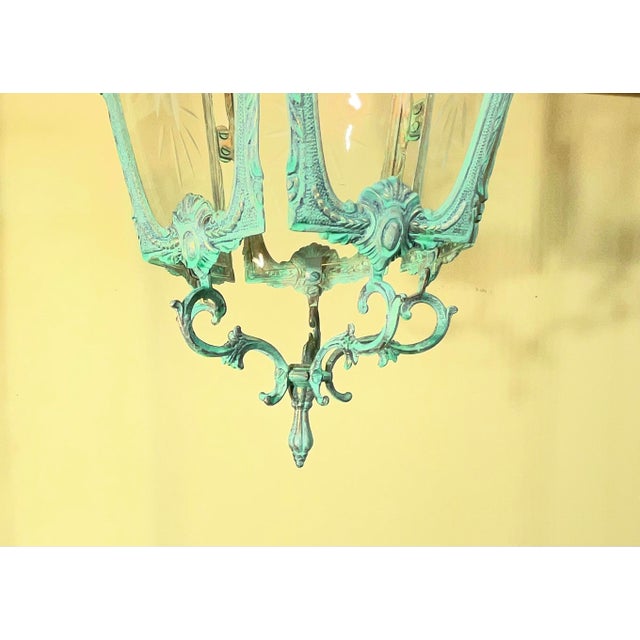 1950s Antique Style Solid Brass Hanging Hallway Lantern W/ Etched Starburst Glass For Sale - Image 5 of 16