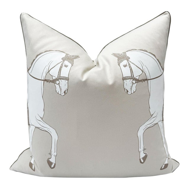 Marching Horses 20" Throw Pillow, Cream and Taupe For Sale