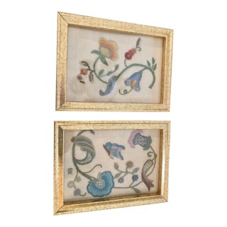 Framed Vintage Hand Made Crewel Embroidered Images - a Pair For Sale