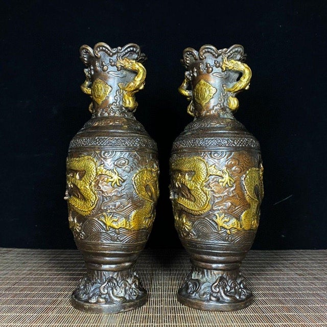 Metal Pair of Vintage Gilt Bronze Dragon Vases – "Dragon Rising From the Sea" Motif For Sale - Image 7 of 9