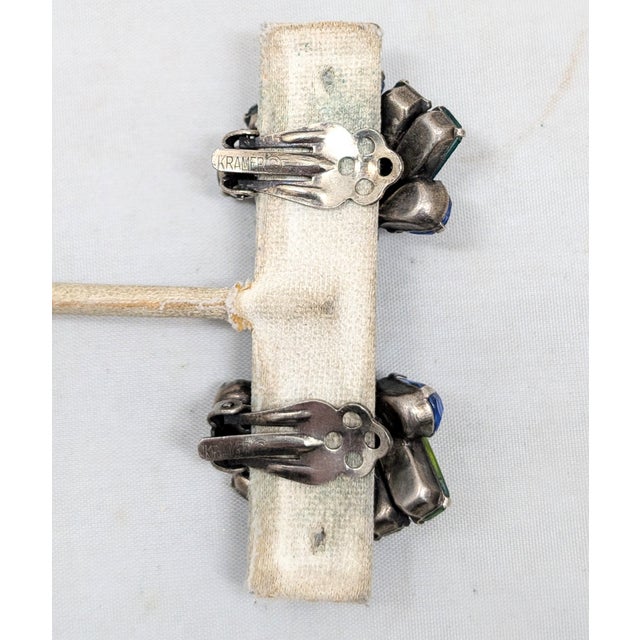 Vintage 1960s Signed Kramer Blue & Green Cuba Rhinestone Clip Earrings-2 Pieces For Sale In Philadelphia - Image 6 of 7