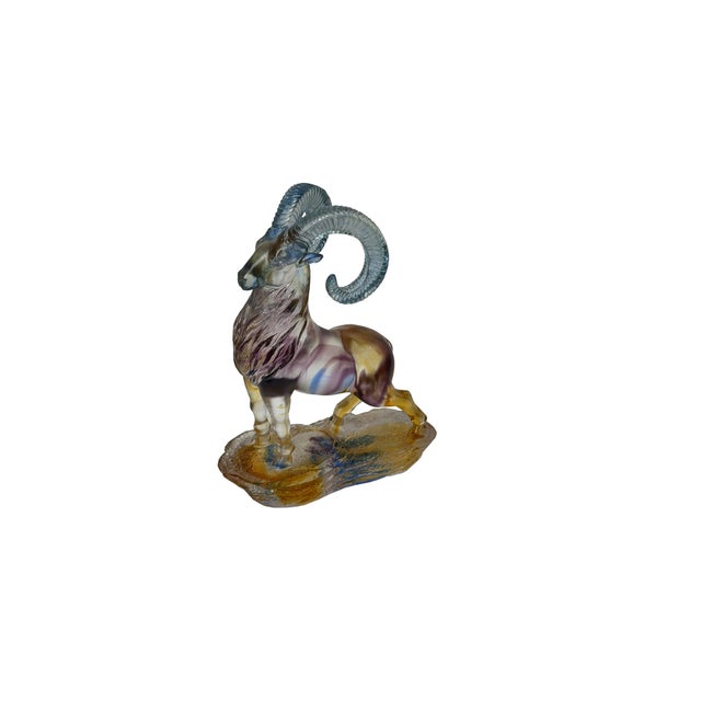 Asian Crystal Glass Ram Standing on Rock Mix Color Art Figure For Sale - Image 3 of 11